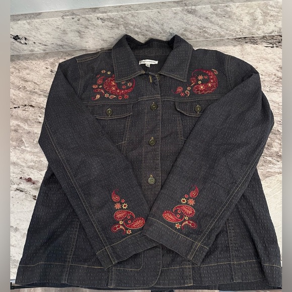 REBECCA MALONE embossed denim with embroidered sleeves and shoulder Sz L - Picture 6 of 12